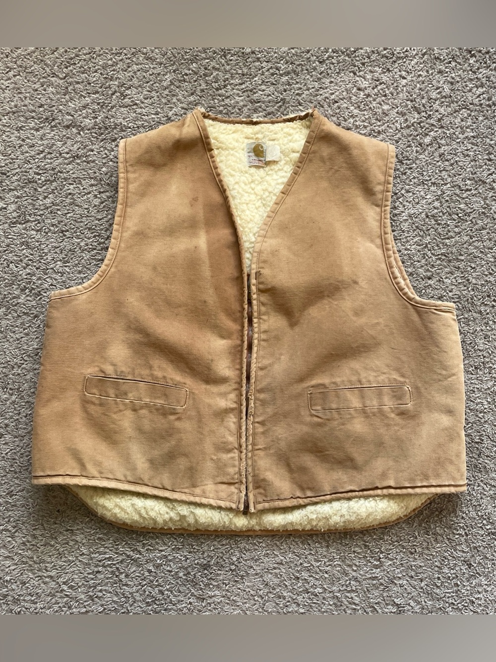 Vtg 70s Carhartt Sherpa Lined Brown Canvas Workwear Vest Size 2XL Distressed USA
